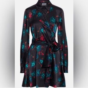 GANNI Black Silk Blend Red Blue Floral Long Puff Sleeves Wrap Mini Dress Size 42